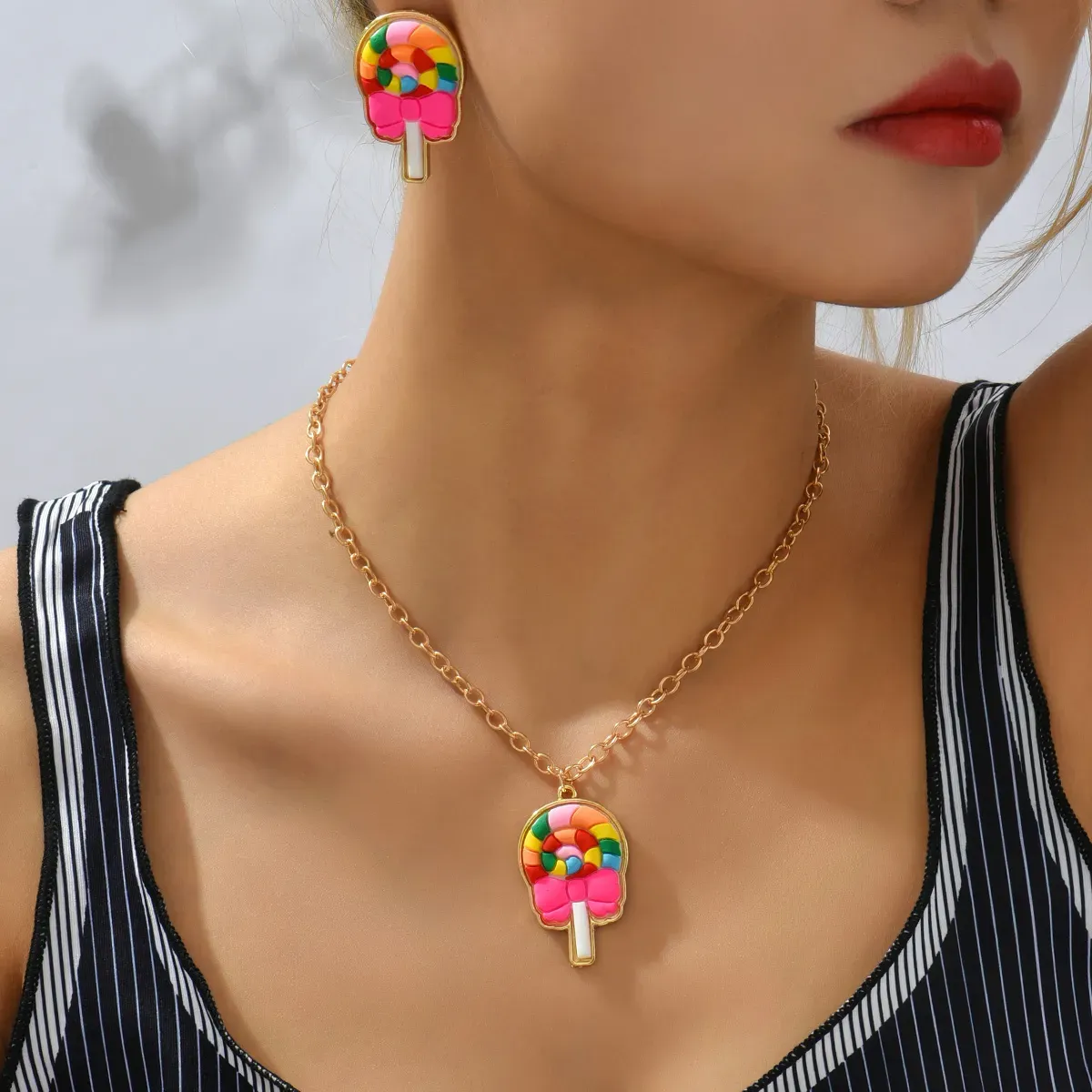 earring european and american hotselling candycolored lollipop earrings necklace jewelry set sweet and cute girly style collarbone chain