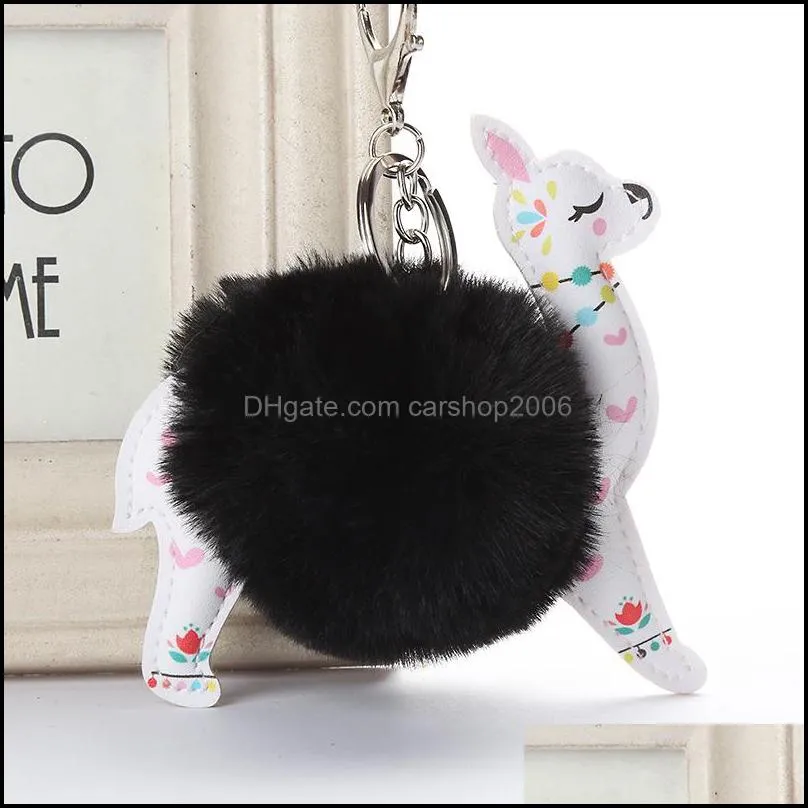 fluffy fur ball alpaca key rings leather animal keychains charm 10cm artificial rabbit pompom keyrings women jewelry p43fa