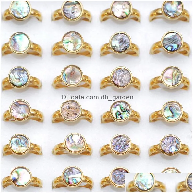 bulk lots 30pcs round shape abalone shell stainless steel ring wedding lover fashion women luxury jewelry accessories size 1720