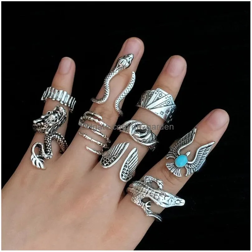 bulk lots 30pcs vivid gothnic snake dragon vintage metal rings size 1720 for women men punk  fashion charm gifts jewelry accessories