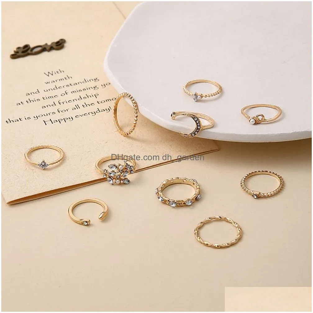 Band Rings 10Pcs/Set New Bohemian Gold Color Chain Rings Set Boho Coin Snake Moon Party For Women Fashion Jewelry Drop Delive Dhgarden Ot3Hp