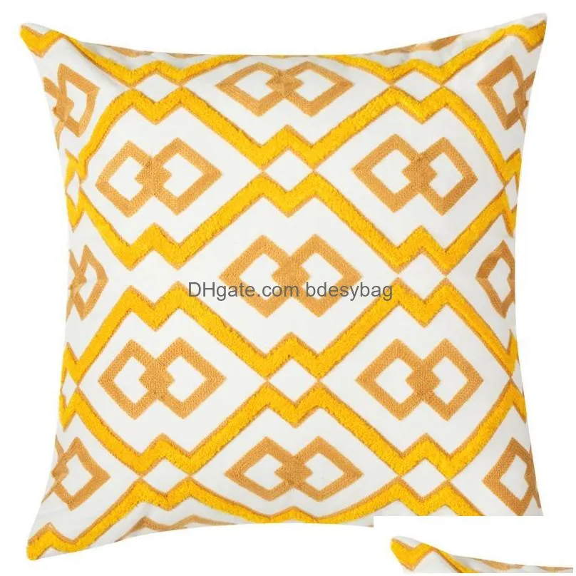 Cushion/Decorative Pillow Fashion Geometric Embroidery Cotton Cushion Er Gray Yellow Pillow Ers Floral Leaf Decorative Sofa Cushions P Dhmu8