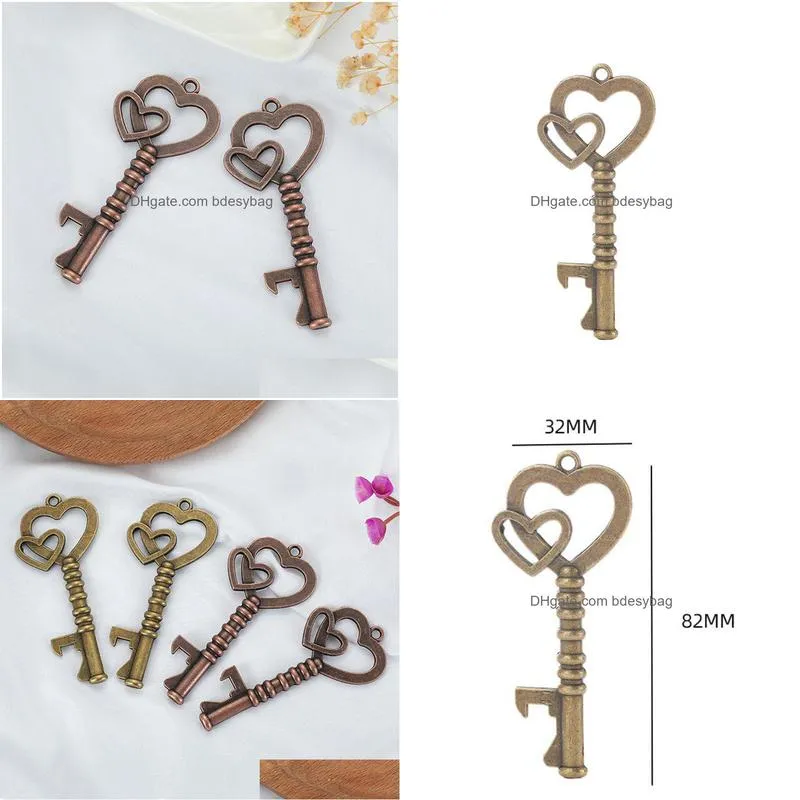 vintage key double heart bottle opener wedding pendant beer opener festival souvenir gift wedding party favor lx4654