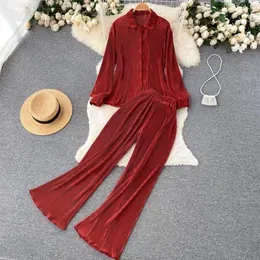 Ethnic Clothing Pleated Two-piece Set Female Long Sleeve High Waist Muslim Fashion Top Woman Casual Sport Pant Modest Clothes Drop271k