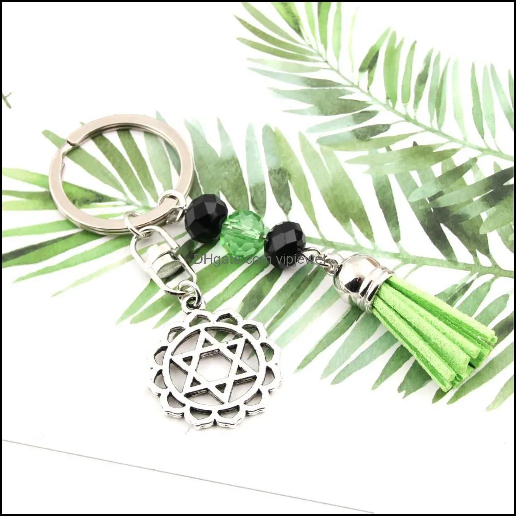 custom key rings 1pc tassel lotus chakra pendant keychain women bag floating charms multicolor beads yoga energy keychain