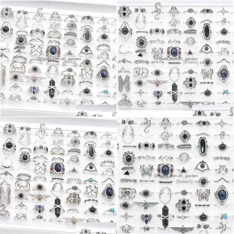 bulk lots 50pcs antique silver bohemia vintage rings women natural stone charm ethnic fashion party gifts jewelry accessory wholesale