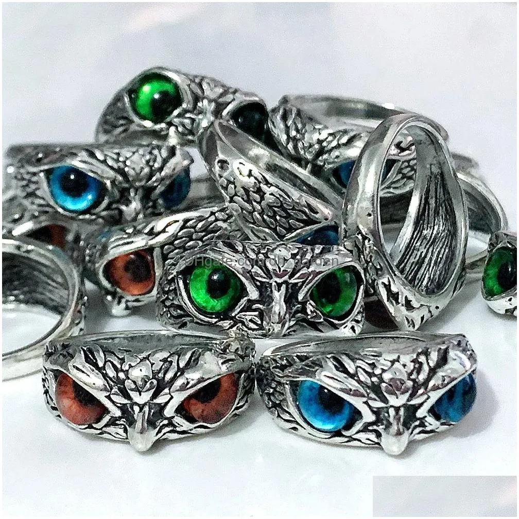 bulk lots 30pcs colour eyes owl vintage rings mix retro punk gothic rock men women cool party gifts jewelry