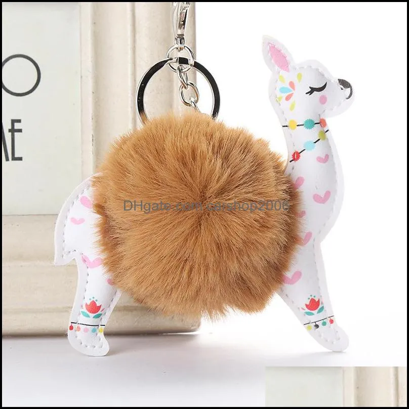 fluffy fur ball alpaca key rings leather animal keychains charm 10cm artificial rabbit pompom keyrings women jewelry p43fa
