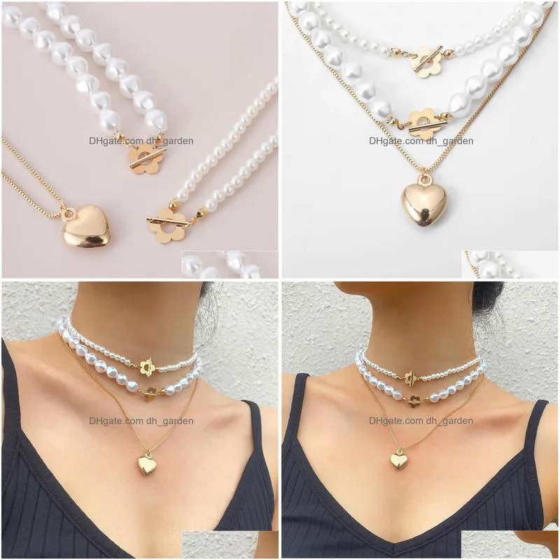 pendant necklaces elegant heart neckalce jewelry for women multilayer gold color chain statememt simulated pearl choker necklace