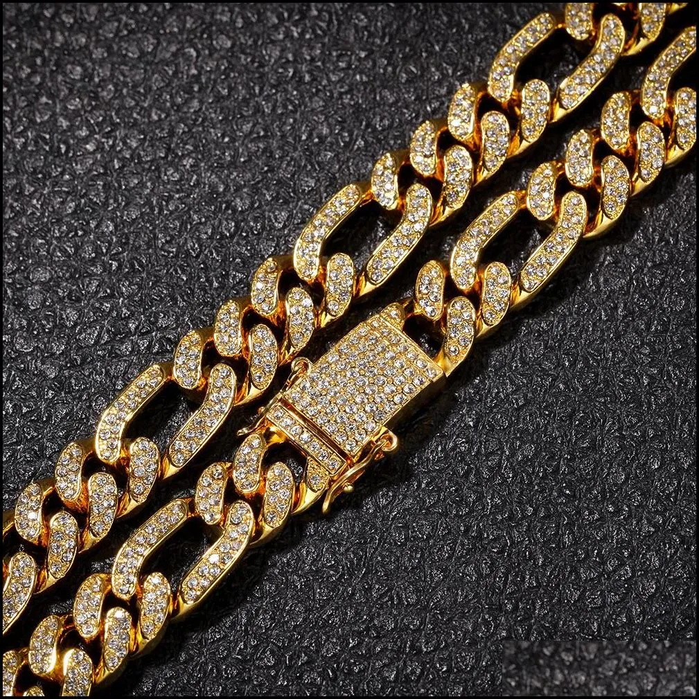 figaro chains necklace 13mm hiphop silver/gold color iced out rhinestones cuban links necklaces mens hip hop jewelry