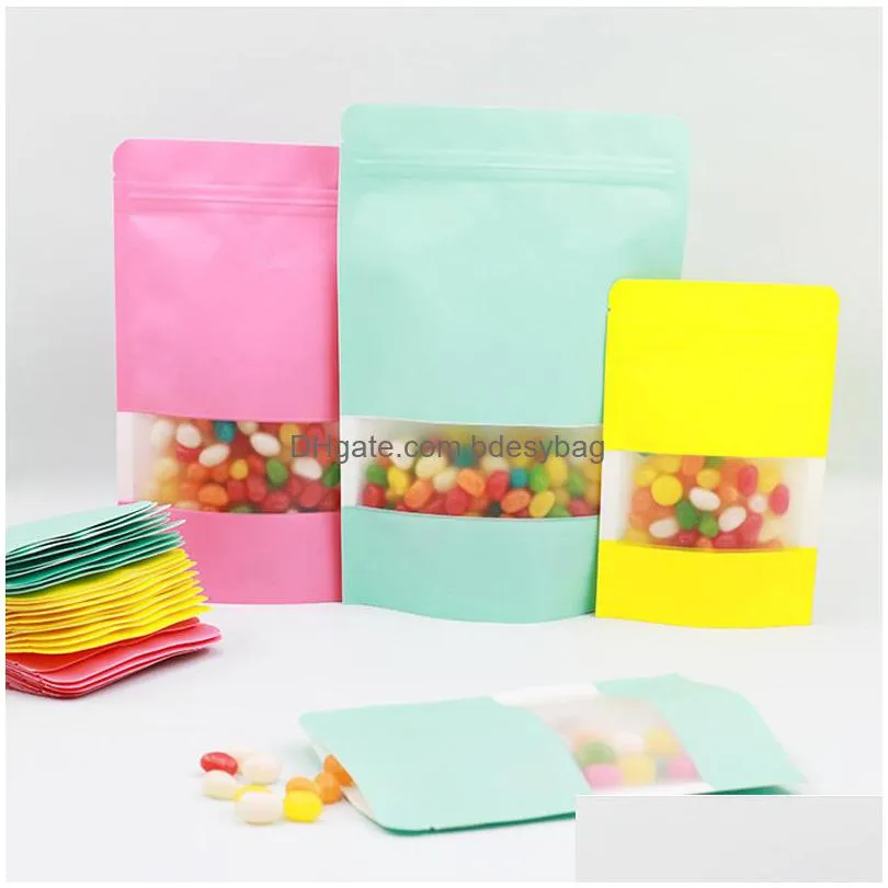 6 colors kraft paper self seal bag with window stand up resealable grip pouches tea coffee bean candy packaging food lx4455