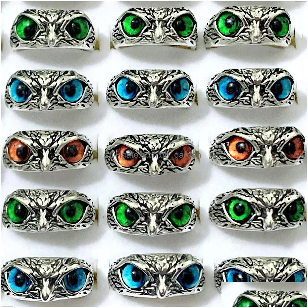 bulk lots 30pcs colour eyes owl vintage rings mix retro punk gothic rock men women cool party gifts jewelry