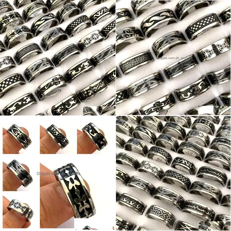 wholesale 30pcs black lines stainless steel rings mix men women band party gifts fashion punk retro jewelry
