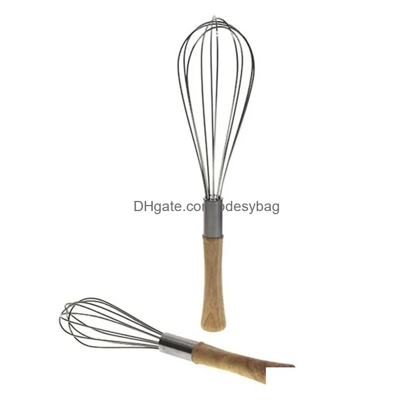 10/12inch stainless steel eggs beater hand mixer butter blender whisk wooden handle kitchen gadget wholesale lx2826