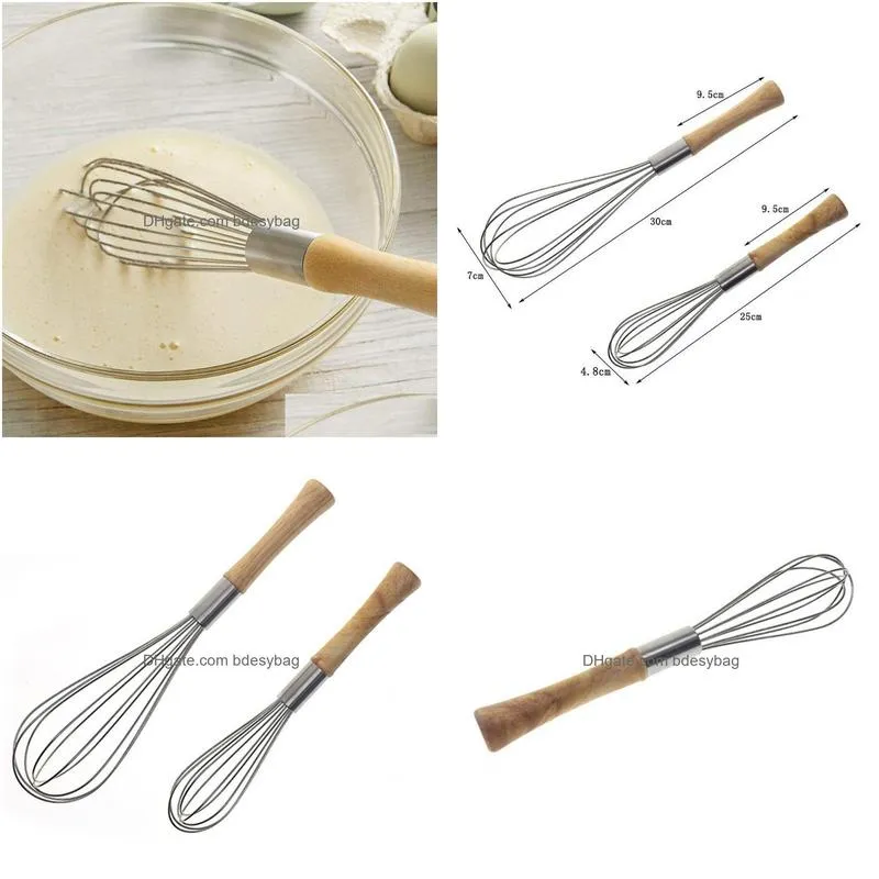 10/12inch stainless steel eggs beater hand mixer butter blender whisk wooden handle kitchen gadget wholesale lx2826