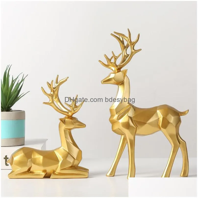 Decorative Objects & Figurines Nordic Christmas Reindeer Decorative Objects Figurine Geometric Resin Sitting Standing Elk Deer Statue Dhfuz