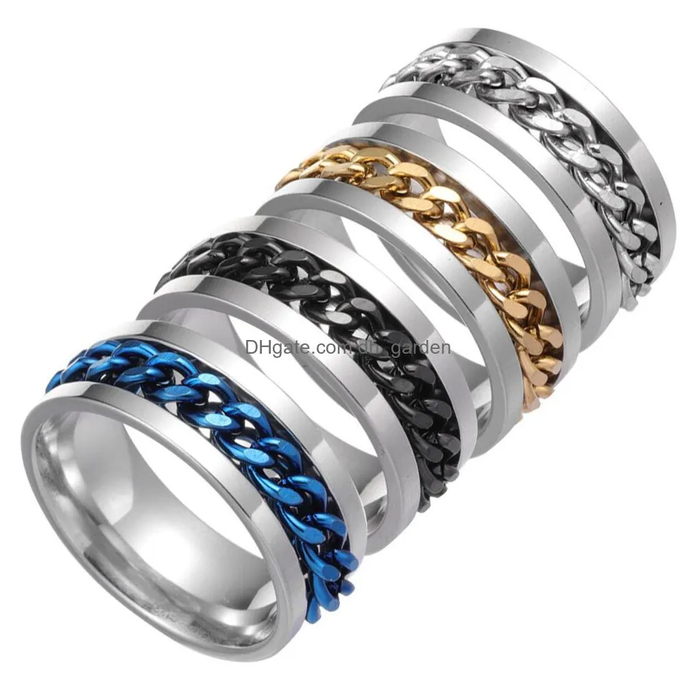 wholesale 40pcs spin chain stainless steel rings silver black gold blue mix men fashion wedding band party gifts jewelry