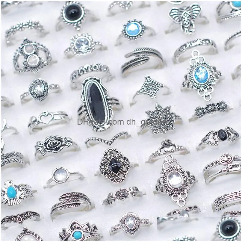 bulk 100pcs lots bohemia crystal vintage rings mix size antique silver ethnic women fashion charm jewelry gifts finger accessories