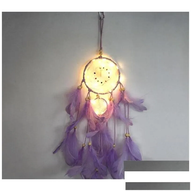 Gift Sets Led Light Dream Catcher Two Rings Feather Dreamcatcher Wind Chime Decorative Wall Hanging Mticolor 12Ms J2 Drop Delivery B