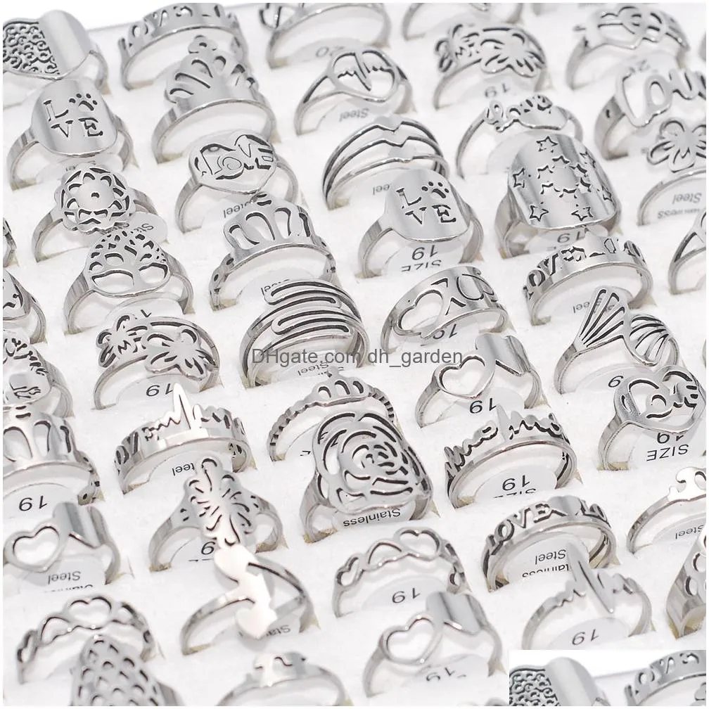 bulk lots 50pcs style mix silver plated stainless steel rings women men heart butterfly corwn flower trendy charm wedding party lover gifts accessories
