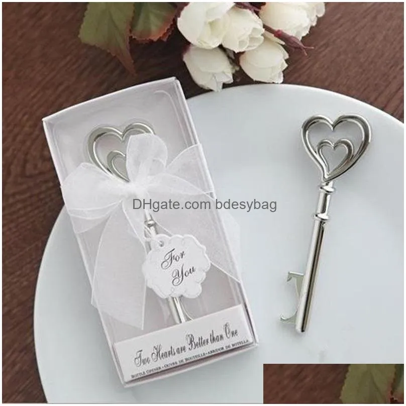 silver metal double heart wine bottle opener beer bottle opener favors wedding party souvenir for guest f20171519