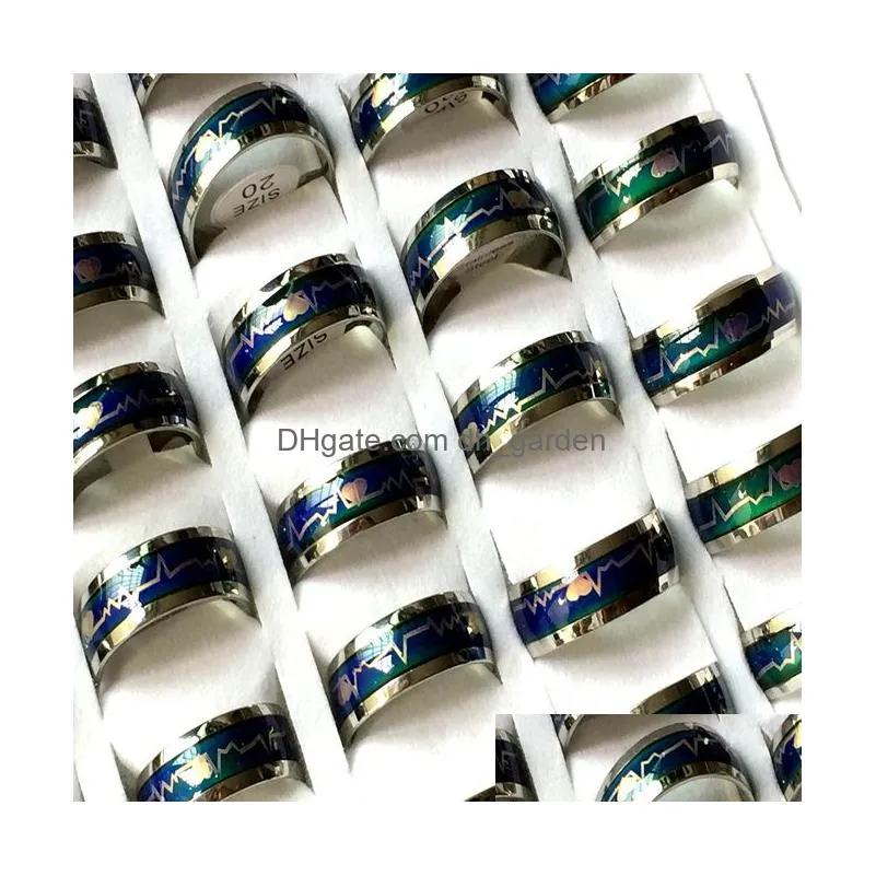 wholesale 30pcs 8mm band silver mood color change emotion 316l stainless steel rings jewelry finger ring men women rings