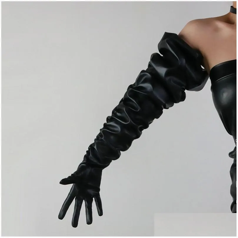 stage wear gloves touch screen leather extra long gloves 100cm large sleeves loose pile pile sleeves patent leather big sleeves wide