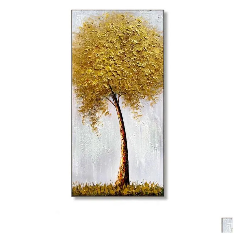 Paintings Paintings Abstract 3D Oil Painting Gold Thick Art Handmade Canvas Fortune Tree Pictures Wall Artwork Living Room Decoration Dh1We