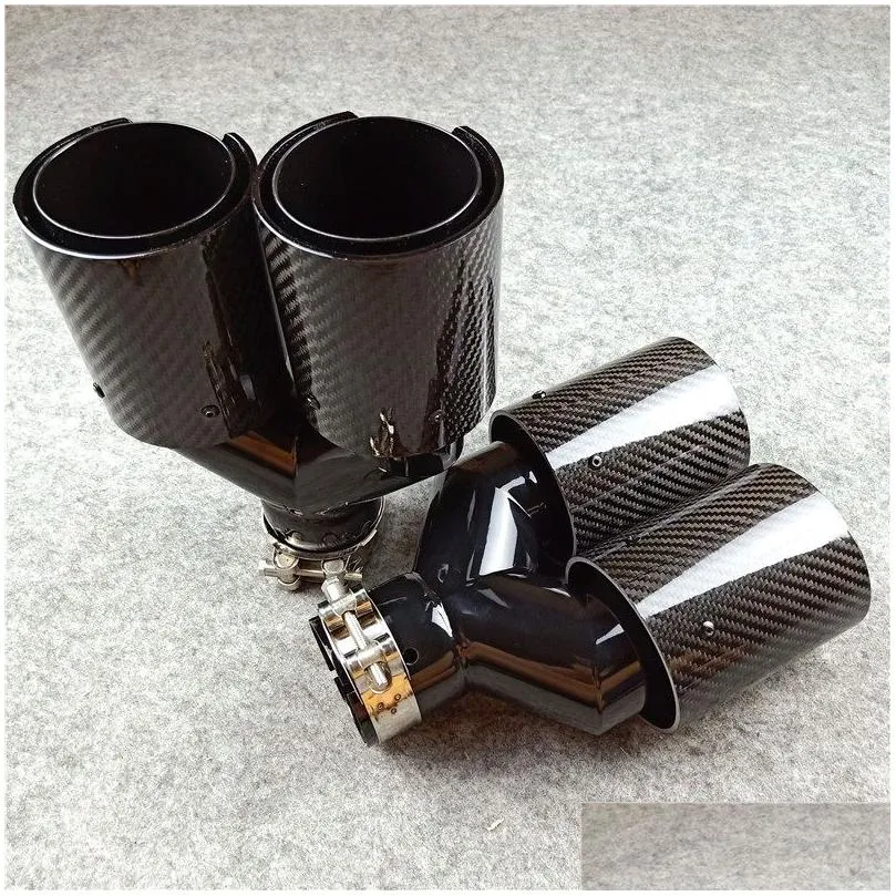 y style outlet 92mm car glossy carbon fiber exhaust muffler pipe tailtip tips for bmw double black stainless steel end pipes