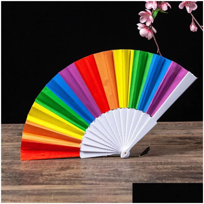 23Cm Folding Spain Rainbow Pride Festival Style Hand Fan Dance Wedding Party Fabric Folding-Hand Fans Drop Delivery Dhvwj