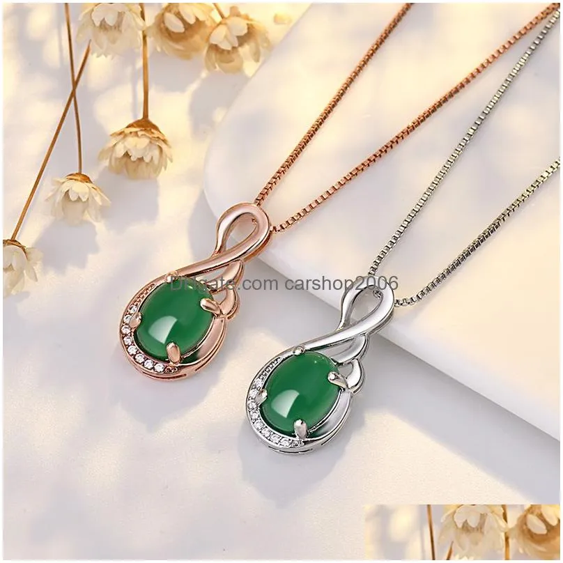 green oval jade pendant necklace s925 silver plated engagement wedding jewelry christmas gift