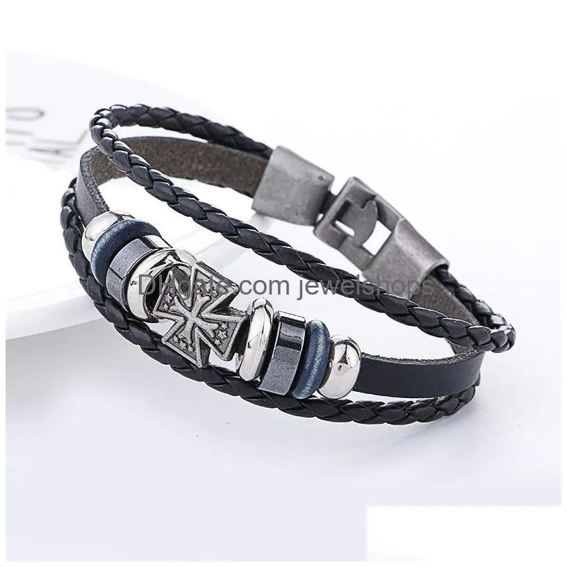 Charm Bracelets Braided Leather Bracelets For Women Man Antique Sier Charms Circle Cross Snap Button Bracelet Jewelry Gift Mtilayer Be Dhvbc