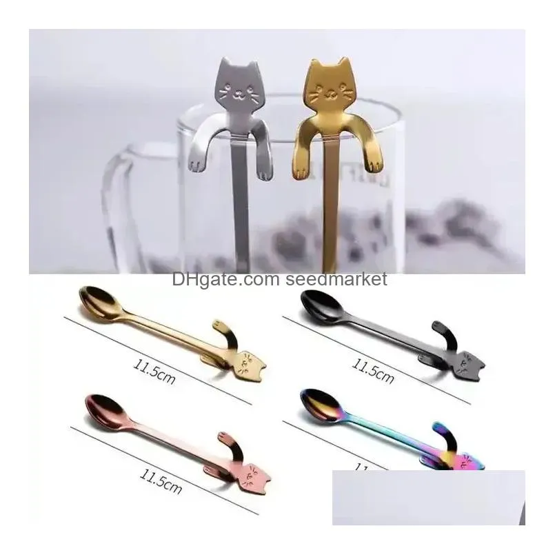stainless steel coffee tea spoons long handle creative mini cat spoon drinking tools kitchen gadget flatware tableware 1011
