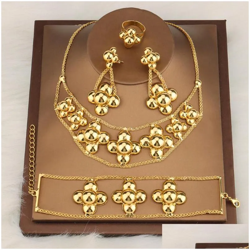 Earrings & Necklace Earrings Necklace Gold Plated Jewelry Sets For Women And Earing African Bridal Wedding Gifts Party Ring Bracelet J Dhbjq