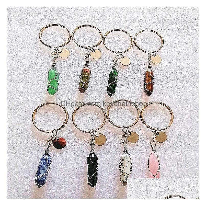 Keychains & Lanyards Wire Wrap Reiki Healing Natural Shape Stone Keychains Chakra Amethyst Pink Rose Crystal Key Rings Keyrings Women Dh7Xb