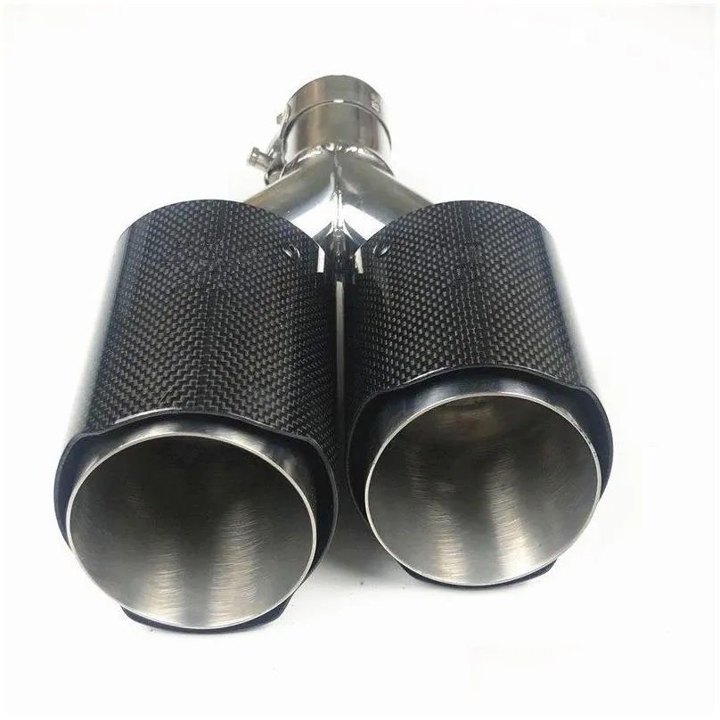 2 pieces dual universal akrapovic exhaust muffler tips shiny carbon fiber with glossy stainless steel auto exhausts end pipes