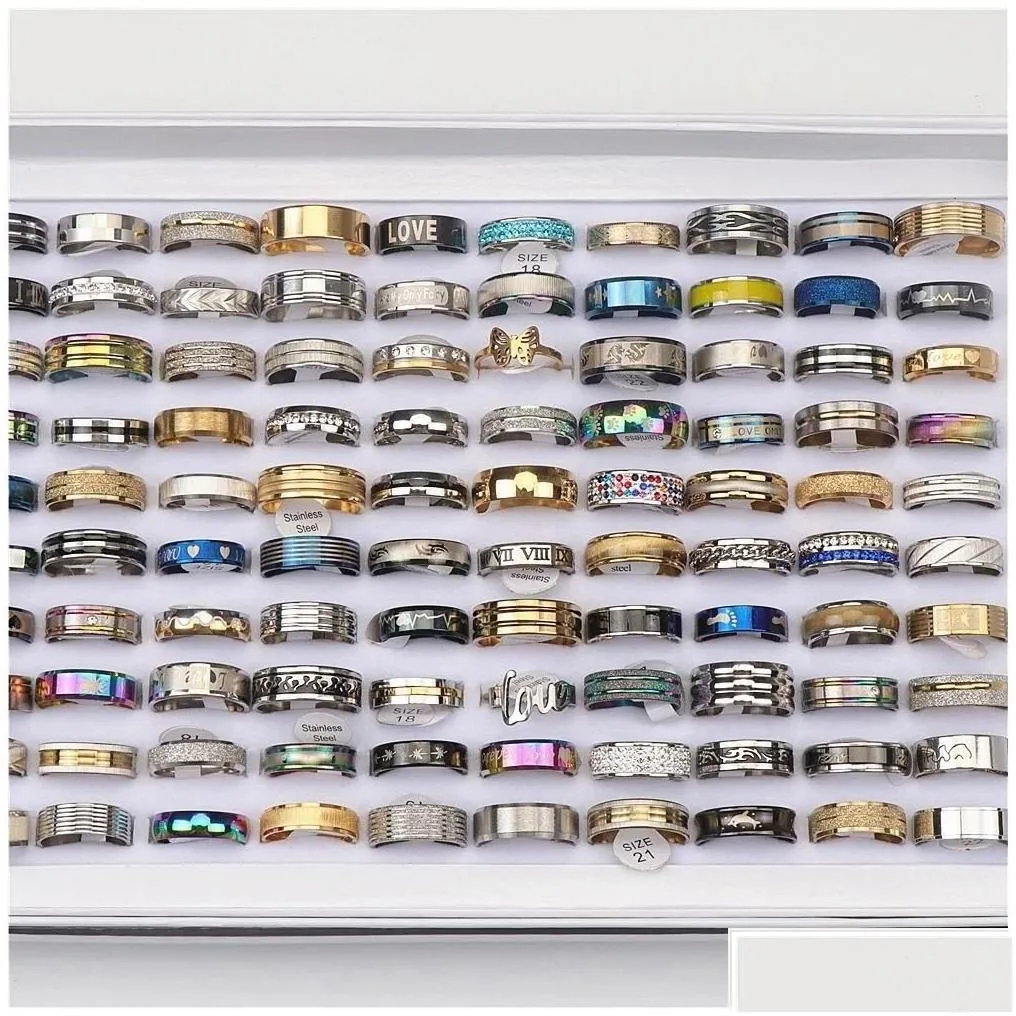 Cluster Rings Cluster Rings 100Pcs/Lot Fashion Mticolor Stainless Steel Love For Women Men Different Style Party Gifts Jewelry Wholesa Dhyrd