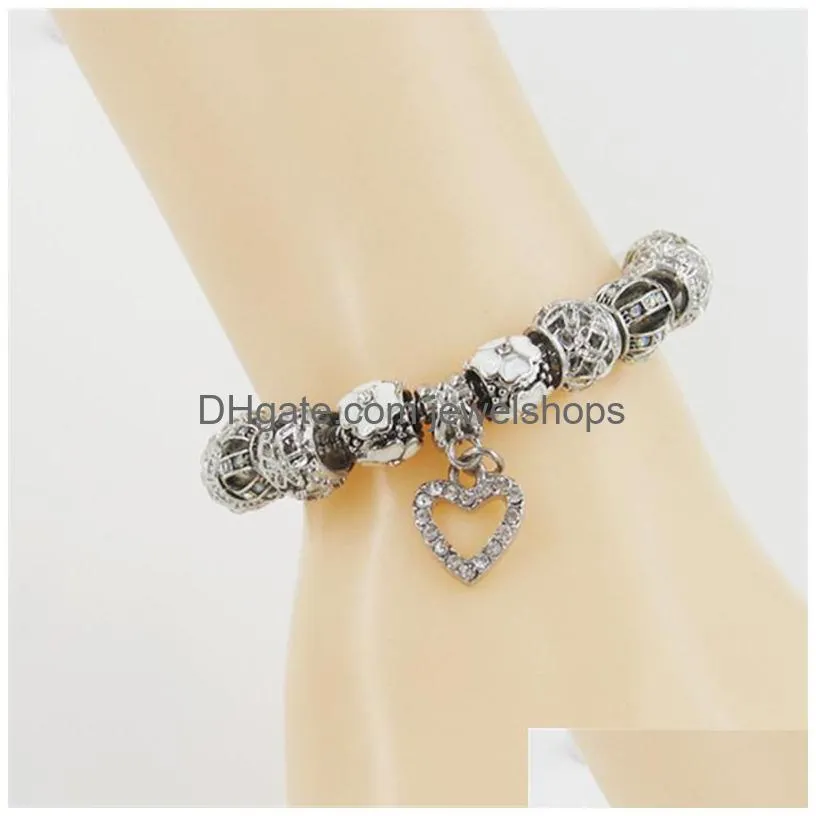 Charm Bracelets Heart Flower Shape Bracelets  Designs 925 Sier Vintage Beads Bangle Charms Girls Lady Crystal Rhinestone Diamo Dhtkr