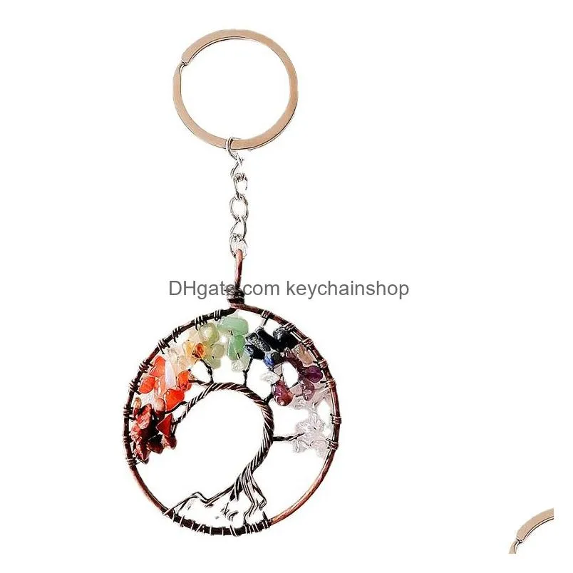 Keychains & Lanyards Wire Wrap Tree Of Life Reiki Healing Keyrings Natural Stone Heart Keychains Chakra Amethyst Pink Rose Crystal Key Dhjfn