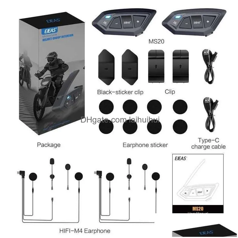 walkie talkie ejeas 1/2pcs ms20 motorcycle mesh intercom bluetooth 5.1 helmet interphone moto headset ip67 waterproof 20 group talking