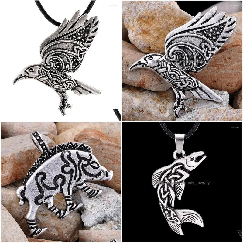 Pendant Necklaces Pendant Necklaces Retro Rune Crow Necklace Mens Animal Accessories Party Jewelry Gift Drop Delivery Jewelry Necklace Dhh4Q
