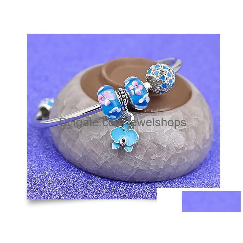 Charm Bracelets Flower Beaded Bangles Bracelets  Design Blue Pink Sier Plated Glass Fashion Charms Pendant Jewelry Bracelet Fo Dhfrd