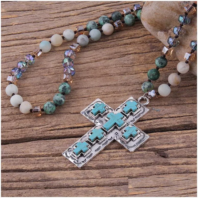 Pendant Necklaces Pendant Necklaces Fashion Bohemian Jewelry Accessory Mti Natural Stones Knotted Metal Blue Cross Necklace Women Boho Dhwsp