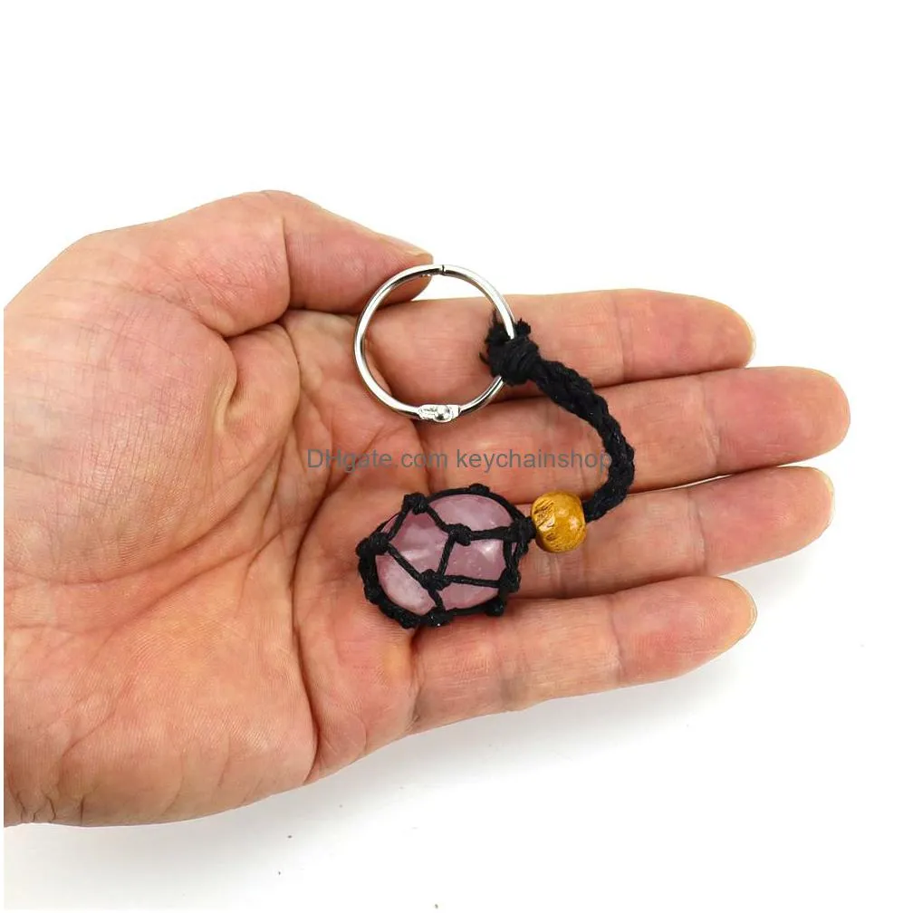 Keychains & Lanyards Black Adjustable Cord Wax Rope Holder Key Rings Natural Quartz Crystal Healing Stone Net Bag Keychain Pendant Siz Dhsyp