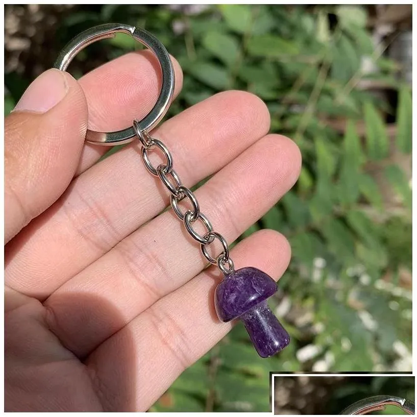 Key Rings Key Rings Natural Crystal Stone Mushroom Keychains Healing Crystals Car Bag Decor Keyholder For Women Men Drop Delivery Jewe Dhlso