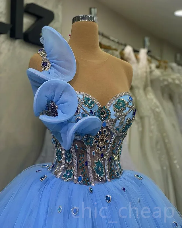 2023 April Aso Ebi Beaded Crystals Quinceanera Dresses Sky Blue Sheer Neck Ball Gown Tulle Prom Evening Party Pageant Birthday Gowns Dress ZJ0240