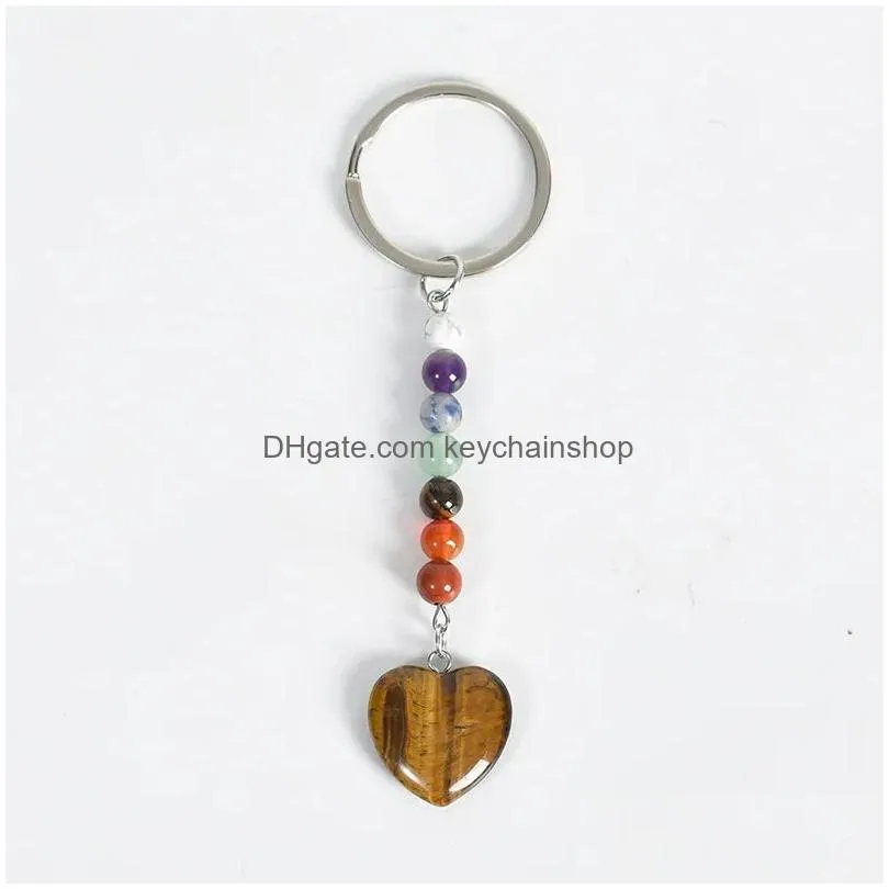 Keychains & Lanyards Natural Stone Keychain 7 Colors Chakra Beads Heart Shape Key Holder Mineral Ring Jewelry Bk Drop Delivery Fashion Dh8Fd