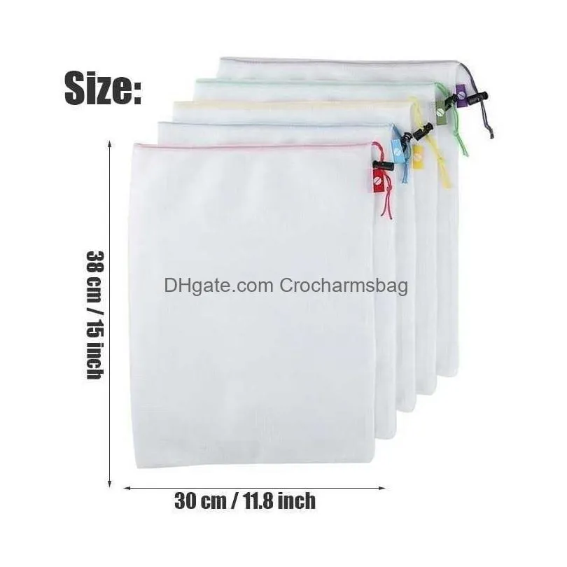 Other Home & Garden New 5Pcs Reusable Fruit Vegetable Storage Bags Washable Net Mesh Kitchen Organizer Food Packaging Bag Produce Drop Dhtau