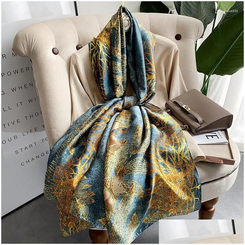 Scarves Scarves Luxury Satin Print Bandannas Four Seasons Silk Fashion Long 180X90Cm Beach Towel 2023 Europe And America Shawls Drop D Dhfqg