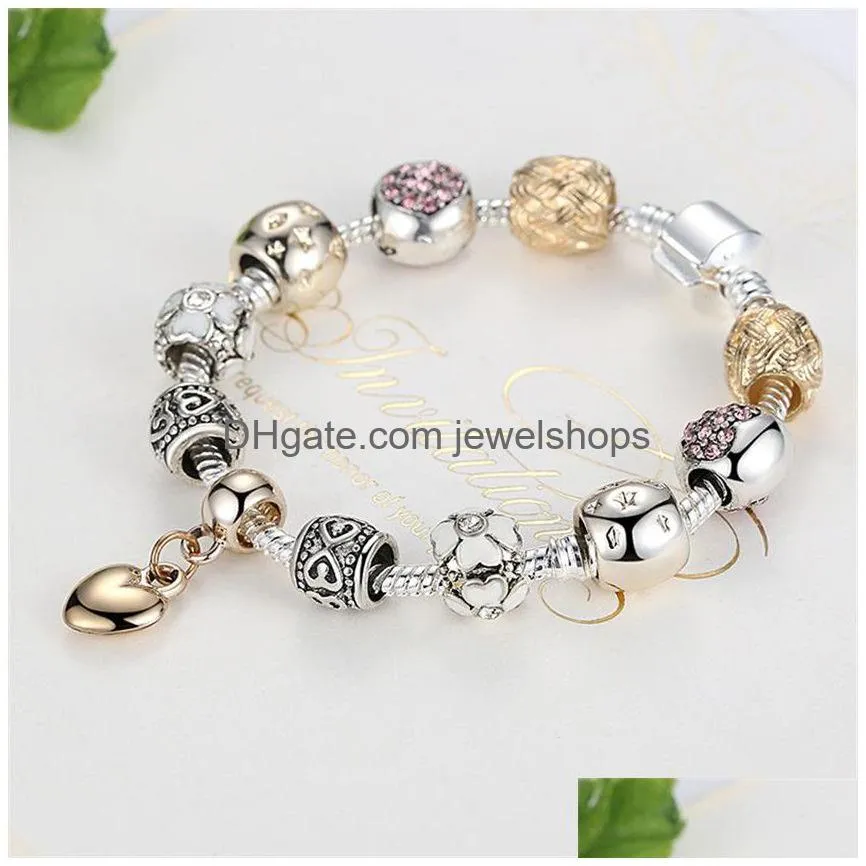 Charm Bracelets Sier Gold Plated Flower Bracelets Girls  Design Star Love Heart Shaped Crystal Beads Charms Bangles Fashion Di Dhwaz